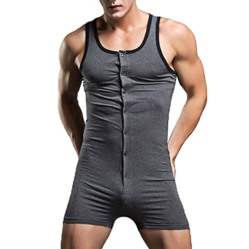TiaoBug Herren Body aus Baumwolle Gestreift Bodysuit Unterwäsche Tank Top mit Knöpfe Boxershorts Unterhosen Männer Einteiler Overall Jumpsuit Nachtwäsche Dunkelgrau C M von TiaoBug