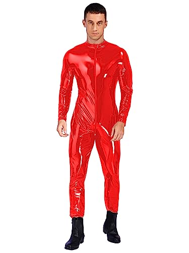 TiaoBug Herren Catsuit Lack Leder Body Langarm Ganzkörperanzug Skinny Fit Männerbody Zipper Vorne Einteiler Unterwäsche Lange Hose Clubwear Rot A XL von TiaoBug