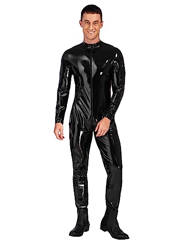 TiaoBug Herren Catsuit Lack Leder Body Langarm Ganzkörperanzug Skinny Fit Männerbody Zipper Vorne Einteiler Unterwäsche Lange Hose Clubwear Schwarz A 3XL von TiaoBug