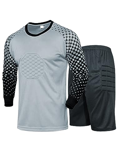 TiaoBug Herren Fußball Torwart Trikot Set Gepolstert Langarm Sportshirt und Sporthose Schutz Ausrüstung Anzug Grau B XL von TiaoBug