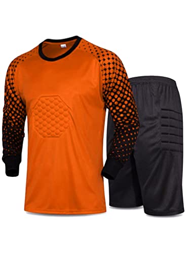 TiaoBug Herren Fußball Torwart Trikot Set Gepolstert Langarm Sportshirt und Sporthose Schutz Ausrüstung Anzug Orange B 3XL von TiaoBug