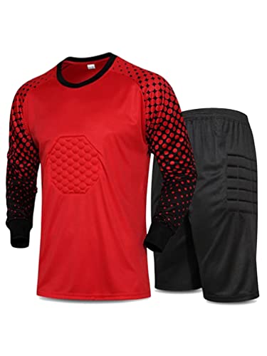 TiaoBug Herren Fußball Torwart Trikot Set Gepolstert Langarm Sportshirt und Sporthose Schutz Ausrüstung Anzug Rot B L von TiaoBug