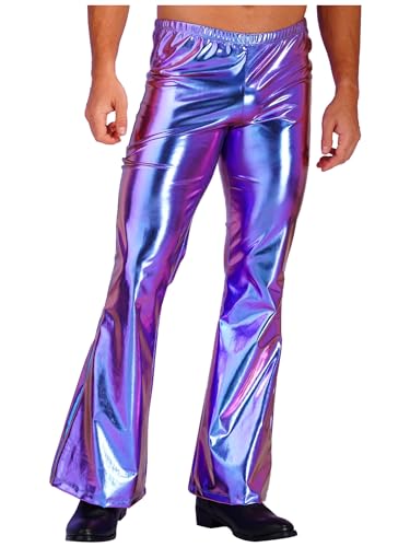 TiaoBug Herren Glänzend Wetlook Leder Hose Metallic Pants Schlaghose Faschingskostüme Party Tanzen Disco Clubwear in Silber Gold Schwarz Blau L von TiaoBug