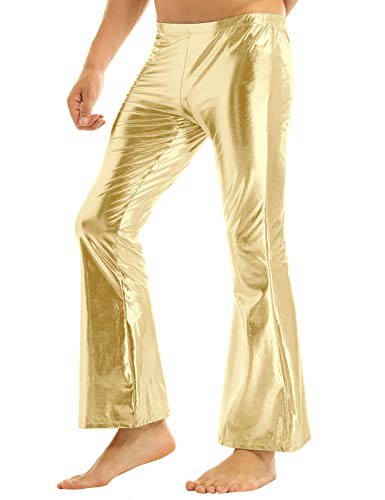 TiaoBug Herren Glänzend Wetlook Leder Hose Metallic Pants Schlaghose Faschingskostüme Party Tanzen Disco Clubwear in Silber Gold Schwarz Gold XXL von TiaoBug