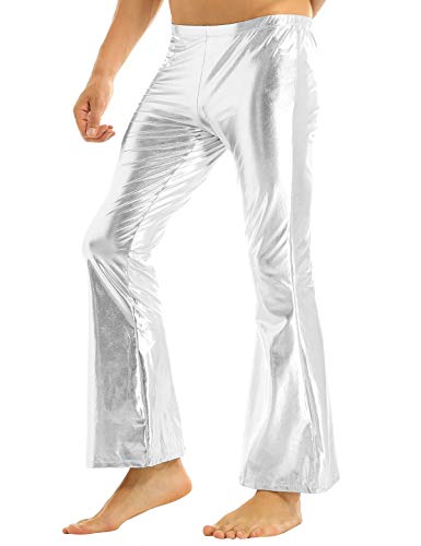 TiaoBug Herren Glänzend Wetlook Leder Hose Metallic Pants Schlaghose Faschingskostüme Party Tanzen Disco Clubwear in Silber Gold Schwarz Silber XXL von TiaoBug