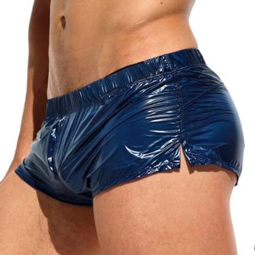 TiaoBug Herren Lack Leder Boxershorts Schwarz Retroshorts Sexy Trunks Sport Unterwäsche Erotik Unterhosen mit Kordelzug Clubwear Navy blau D XL von TiaoBug