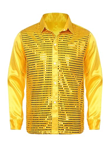 TiaoBug Herren Langarm Pailletten Hemd Satin Blusen Metallic Glänzend Button Down Shirts Festlich Businesshemd Freizeithemd Glitzer Tanzshirts Gelb L TiaoBug Herren Langarm Pailletten Hemd Satin Blusen Metallic Glänzend Button Down Shirts Festlich Businesshemd Freizeithemd Glitzer Tanzshirts Gelb L von TiaoBug