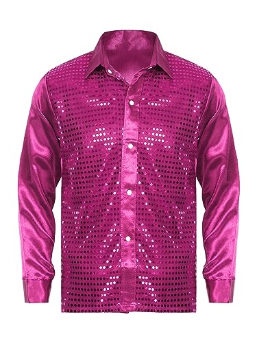 TiaoBug Herren Langarm Pailletten Hemd Satin Blusen Metallic Glänzend Button Down Shirts Festlich Businesshemd Freizeithemd Glitzer Tanzshirts Hot Pink M von TiaoBug
