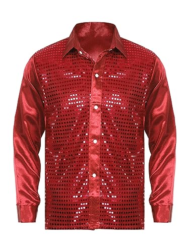 TiaoBug Herren Langarm Pailletten Hemd Satin Blusen Metallic Glänzend Button Down Shirts Festlich Businesshemd Freizeithemd Glitzer Tanzshirts Rot L von TiaoBug