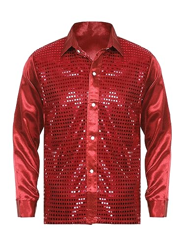 TiaoBug Herren Langarm Pailletten Hemd Satin Blusen Metallic Glänzend Button Down Shirts Festlich Businesshemd Freizeithemd Glitzer Tanzshirts Rot M von TiaoBug