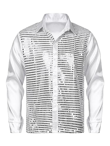 TiaoBug Herren Langarm Pailletten Hemd Satin Blusen Metallic Glänzend Button Down Shirts Festlich Businesshemd Freizeithemd Glitzer Tanzshirts Weiß L von TiaoBug