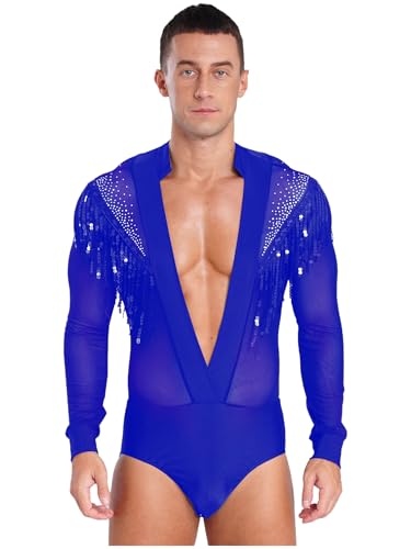 TiaoBug Herren Latein Body Langarm Hemd mit Tiefer V Ausschnitt Ballettanzug Transparent Ballett Trikot Pailletten Quaste Gymnastik Leotard Glänzend Kostüm Blau M von TiaoBug