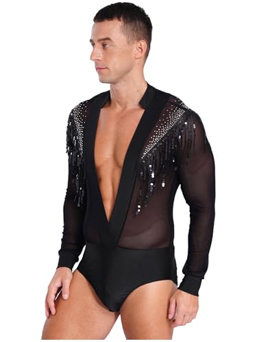 TiaoBug Herren Latein Body Langarm Hemd mit Tiefer V Ausschnitt Ballettanzug Transparent Ballett Trikot Pailletten Quaste Gymnastik Leotard Glänzend Kostüm Schwarz L von TiaoBug