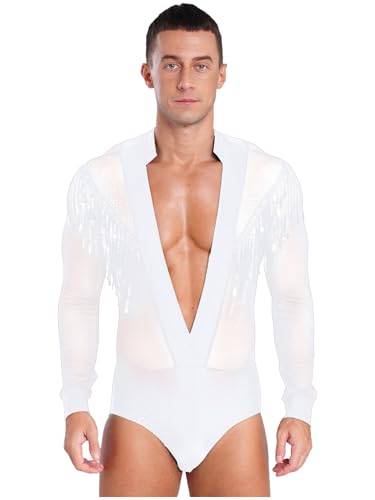 TiaoBug Herren Latein Body Langarm Hemd mit Tiefer V Ausschnitt Ballettanzug Transparent Ballett Trikot Pailletten Quaste Gymnastik Leotard Glänzend Kostüm Weiß XXL von TiaoBug