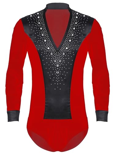 TiaoBug Herren Latein Body Langarm Hemdbody Ballettanzug V-Ausschnitt Stringbody Ballett Trikot Strasssteine Gymnastik Turn Leotard Tanzbekleidung Rot M von TiaoBug