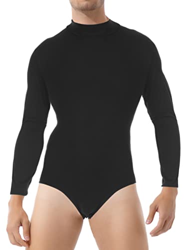 TiaoBug Herren Latein Body Langarm Oberteil Hemd mit Kragen Ballettanzug Stringbody Ballett Trikot V-Ausschnitt Gymnastik Leotard Glänzend Kostüm Schwarz E 3XL von TiaoBug