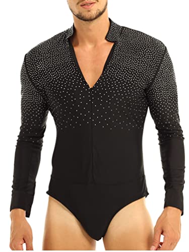 TiaoBug Herren Latein Body Langarm Oberteil Hemd mit Kragen Ballettanzug Stringbody Ballett Trikot V-Ausschnitt Gymnastik Leotard Glänzend Kostüm Schwarz XL von TiaoBug