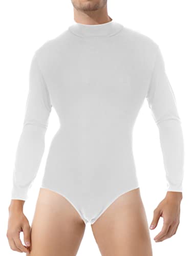 TiaoBug Herren Latein Body Langarm Oberteil Hemd mit Kragen Ballettanzug Stringbody Ballett Trikot V-Ausschnitt Gymnastik Leotard Glänzend Kostüm Weiß E XL von TiaoBug