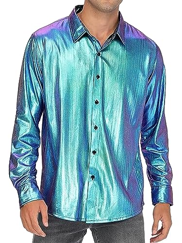 TiaoBug Herren Longsleeve Langarmshirt Hemd mit Kentkragen Pailletten Hemd 70er 80er Disco Shirt Glänzend Bluse Party Hippy Kostüm Outfit Clubwear M L XL Blau H 3XL von TiaoBug