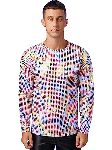 TiaoBug Herren Longsleeve Langarmshirt Hemd mit Kentkragen Pailletten Hemd 70er 80er Disco Shirt Glänzend Bluse Party Hippy Kostüm Outfit Clubwear M L XL Bunt F M von TiaoBug