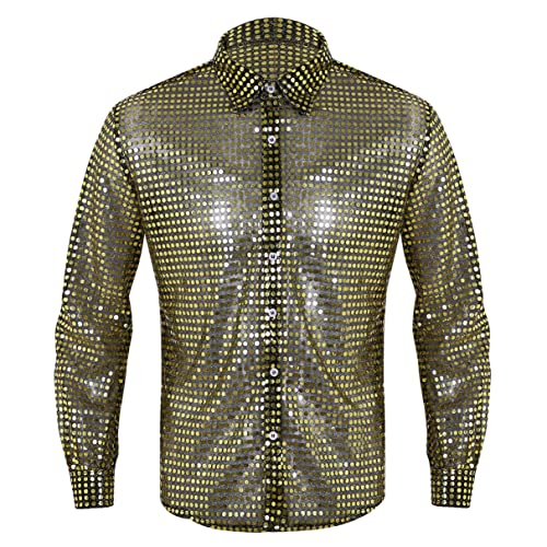 TiaoBug Herren Longsleeve Langarmshirt Hemd mit Kentkragen Pailletten Hemd 70er 80er Disco Shirt Glänzend Bluse Party Hippy Kostüm Outfit Clubwear M L XL Gold XL von TiaoBug