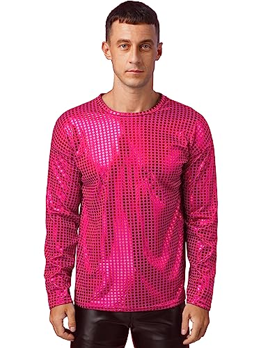 TiaoBug Herren Longsleeve Langarmshirt Hemd mit Kentkragen Pailletten Hemd 70er 80er Disco Shirt Glänzend Bluse Party Hippy Kostüm Outfit Clubwear M L XL Hot Pink F M von TiaoBug