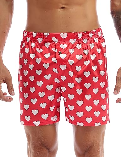 TiaoBug Herren Männer Satin Boxershorts mit Rentier Geweih Muster Weinachten Kostüm Unterhosen kurz Shorts sexy Unterwäsche M-XXL Rot Herz L von TiaoBug