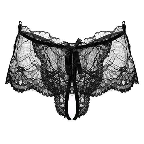 TiaoBug Herren Mesh G-String Strings Tangas Thong T-Back Männer Dessous Spitzen Unterwäsche Slips Briefs Erotik Hosen Pants Jockstraps mit Rüschen Schleife Schwarz Ouvert XXL von TiaoBug