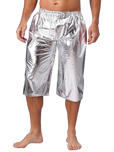 TiaoBug Herren Metallic Kurze Hose Loose Fit Shorts Elastischer Bund Ledershorts Knielang Bloomers Pumphose Disco Tanzhose Clubwear Silber L von TiaoBug