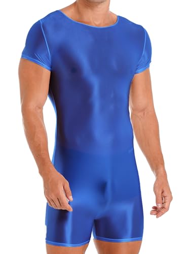 TiaoBug Herren ÖL Glanz Body Ärmellos/Kurzarm Bodysuit mit Bein Einteiler Kompression Unterwäsche Sport Trikot Leotard Blau B L von TiaoBug