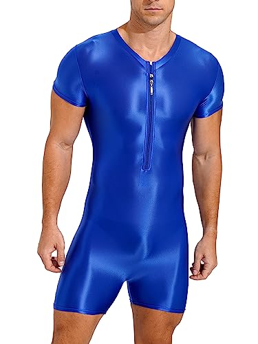 TiaoBug Herren ÖL Glanz Body Ärmellos/Kurzarm Bodysuit mit Bein Einteiler Kompression Unterwäsche Sport Trikot Leotard Blau E M von TiaoBug