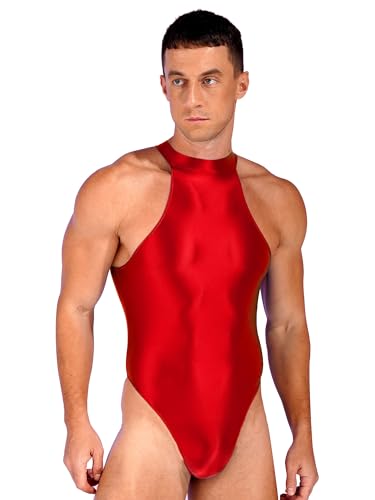 TiaoBug Herren ÖL Glanz Body Ärmellos/Kurzarm Bodysuit mit Bein Einteiler Kompression Unterwäsche Sport Trikot Leotard Burgundy D XL von TiaoBug