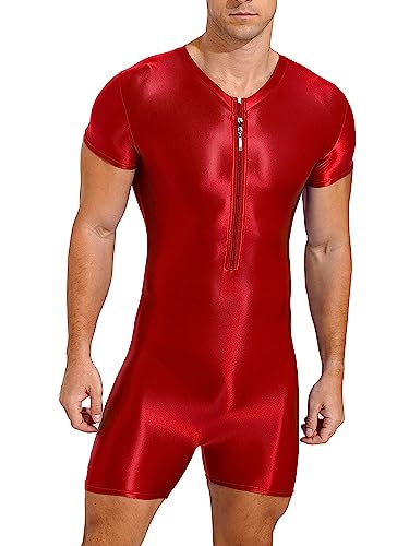 TiaoBug Herren ÖL Glanz Body Ärmellos/Kurzarm Bodysuit mit Bein Einteiler Kompression Unterwäsche Sport Trikot Leotard Burgundy E M von TiaoBug