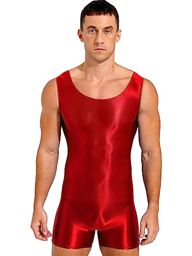 TiaoBug Herren ÖL Glanz Body Ärmellos/Kurzarm Bodysuit mit Bein Einteiler Kompression Unterwäsche Sport Trikot Leotard Burgundy F L von TiaoBug