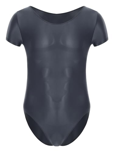 TiaoBug Herren ÖL Glanz Body Ärmellos/Kurzarm Bodysuit mit Bein Einteiler Kompression Unterwäsche Sport Trikot Leotard Dunkelgrau C L von TiaoBug