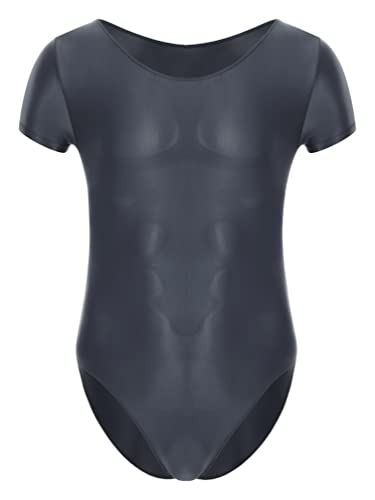 TiaoBug Herren ÖL Glanz Body Ärmellos/Kurzarm Bodysuit mit Bein Einteiler Kompression Unterwäsche Sport Trikot Leotard Dunkelgrau C L von TiaoBug