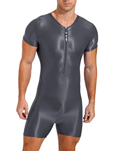 TiaoBug Herren ÖL Glanz Body Ärmellos/Kurzarm Bodysuit mit Bein Einteiler Kompression Unterwäsche Sport Trikot Leotard Dunkelgrau E M von TiaoBug