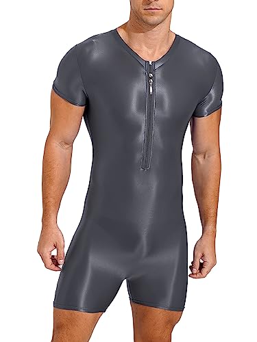 TiaoBug Herren ÖL Glanz Body Ärmellos/Kurzarm Bodysuit mit Bein Einteiler Kompression Unterwäsche Sport Trikot Leotard Dunkelgrau E XL von TiaoBug