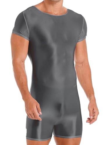 TiaoBug Herren ÖL Glanz Body Ärmellos/Kurzarm Bodysuit mit Bein Einteiler Kompression Unterwäsche Sport Trikot Leotard Grau B XL von TiaoBug