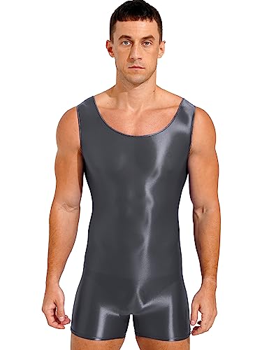 TiaoBug Herren ÖL Glanz Body Ärmellos/Kurzarm Bodysuit mit Bein Einteiler Kompression Unterwäsche Sport Trikot Leotard Grau F L von TiaoBug