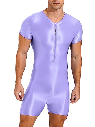 TiaoBug Herren ÖL Glanz Body Ärmellos/Kurzarm Bodysuit mit Bein Einteiler Kompression Unterwäsche Sport Trikot Leotard Helles Lila E XL von TiaoBug