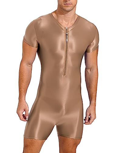 TiaoBug Herren ÖL Glanz Body Ärmellos/Kurzarm Bodysuit mit Bein Einteiler Kompression Unterwäsche Sport Trikot Leotard Kaffee E M von TiaoBug