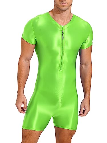 TiaoBug Herren ÖL Glanz Body Ärmellos/Kurzarm Bodysuit mit Bein Einteiler Kompression Unterwäsche Sport Trikot Leotard Leuchtendes Grün E XL von TiaoBug