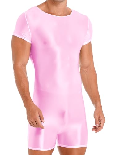 TiaoBug Herren ÖL Glanz Body Ärmellos/Kurzarm Bodysuit mit Bein Einteiler Kompression Unterwäsche Sport Trikot Leotard Rosa B XL von TiaoBug