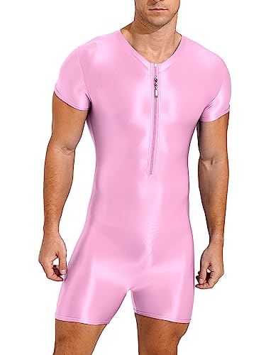 TiaoBug Herren ÖL Glanz Body Ärmellos/Kurzarm Bodysuit mit Bein Einteiler Kompression Unterwäsche Sport Trikot Leotard Rosa E XL von TiaoBug