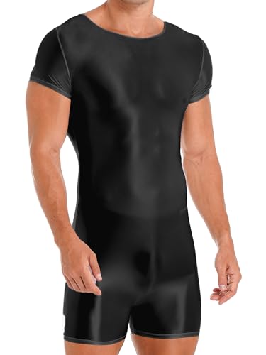 TiaoBug Herren ÖL Glanz Body Ärmellos/Kurzarm Bodysuit mit Bein Einteiler Kompression Unterwäsche Sport Trikot Leotard Schwarz B L von TiaoBug