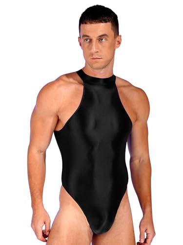 TiaoBug Herren ÖL Glanz Body Ärmellos/Kurzarm Bodysuit mit Bein Einteiler Kompression Unterwäsche Sport Trikot Leotard Schwarz D XL von TiaoBug