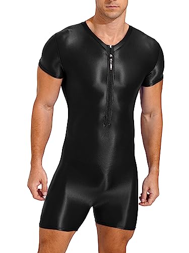 TiaoBug Herren ÖL Glanz Body Ärmellos/Kurzarm Bodysuit mit Bein Einteiler Kompression Unterwäsche Sport Trikot Leotard Schwarz E M von TiaoBug