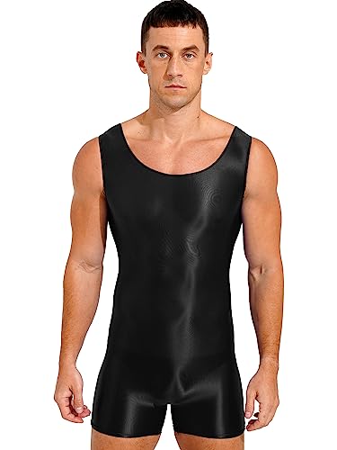 TiaoBug Herren ÖL Glanz Body Ärmellos/Kurzarm Bodysuit mit Bein Einteiler Kompression Unterwäsche Sport Trikot Leotard Schwarz F L von TiaoBug