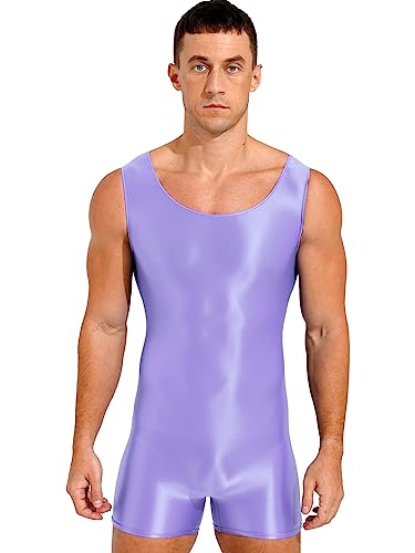 TiaoBug Herren ÖL Glanz Body Ärmellos/Kurzarm Bodysuit mit Bein Einteiler Kompression Unterwäsche Sport Trikot Leotard Violett F L von TiaoBug